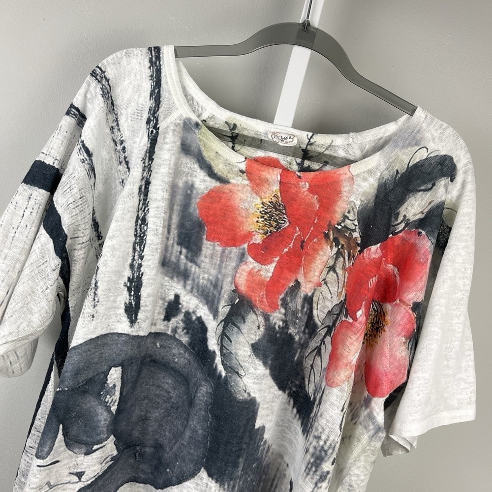 Et Lois Artsy Top Womens 2X Red Black Floral Art to Wear Resort Abstract